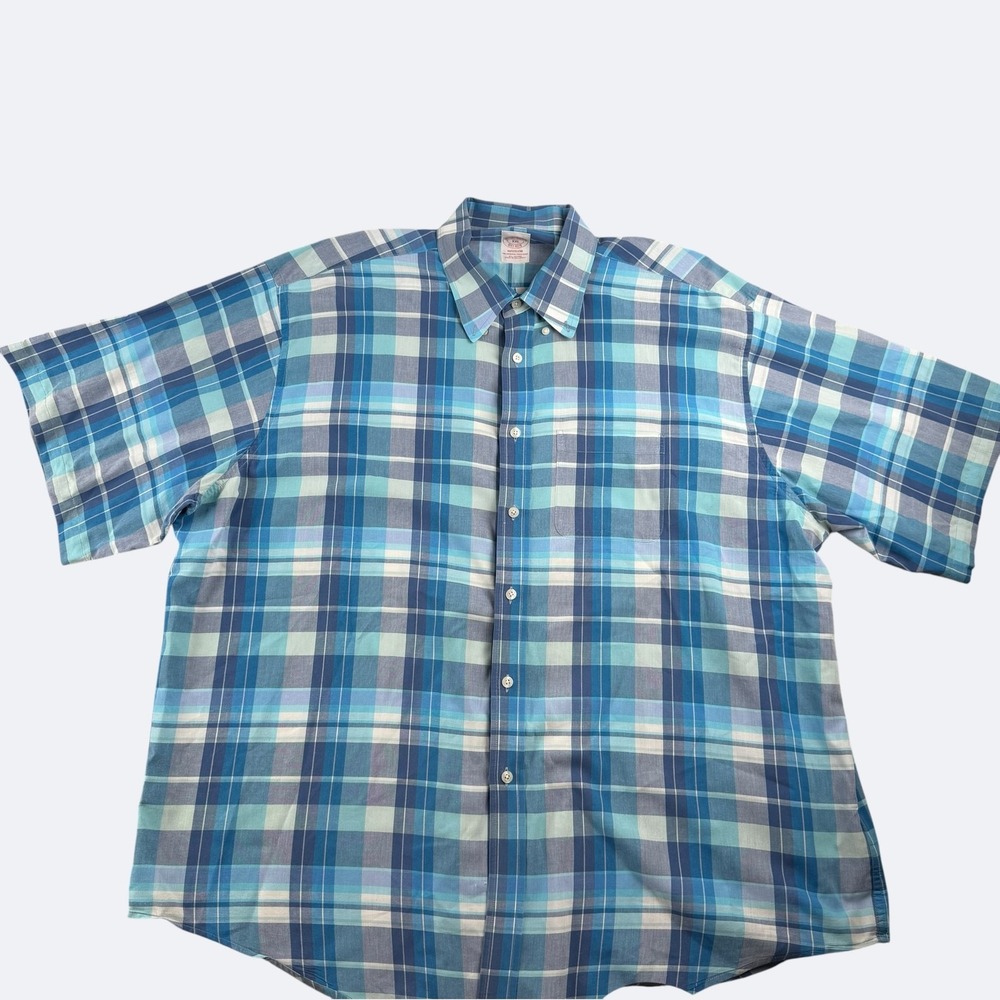 Brooks Brothers Shirt Mens XXL Madison Blue Plaid Short Sleeve Button Down Cotto